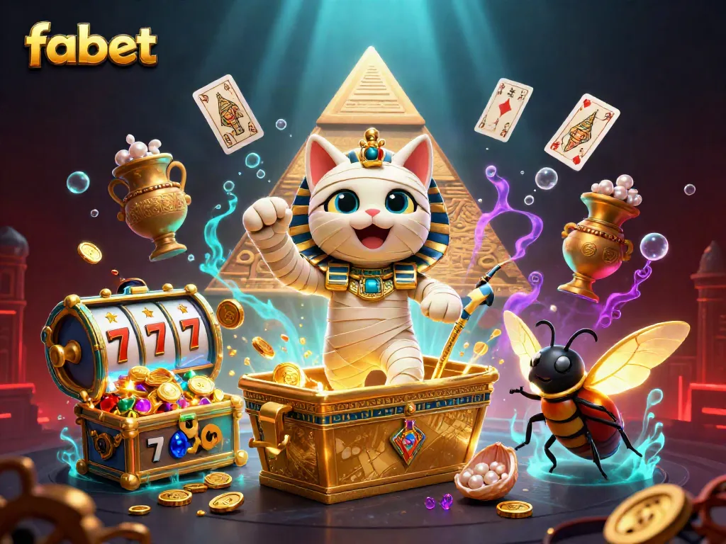 Experience exciting gameplay with fabet as a cartoon mummy cat ventures from its sarcophagus in a vibrant casino.