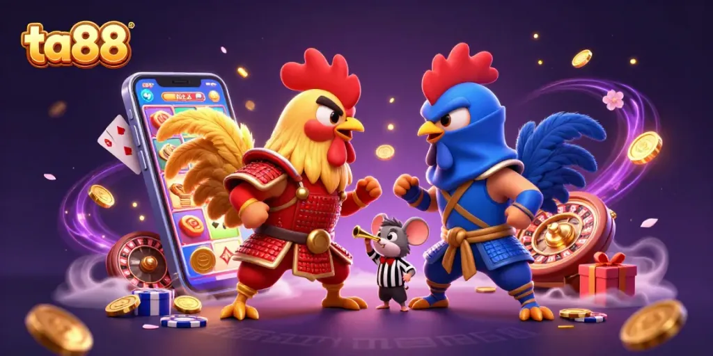 Experience a thrilling ta88 showdown with fighting roosters and vibrant casino elements.
