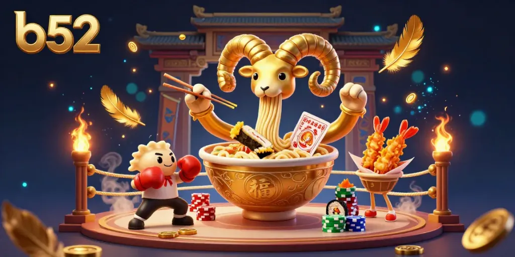 Experience the thrilling b52 casino world with a lively ramen bowl dealer amid vibrant gaming elements.