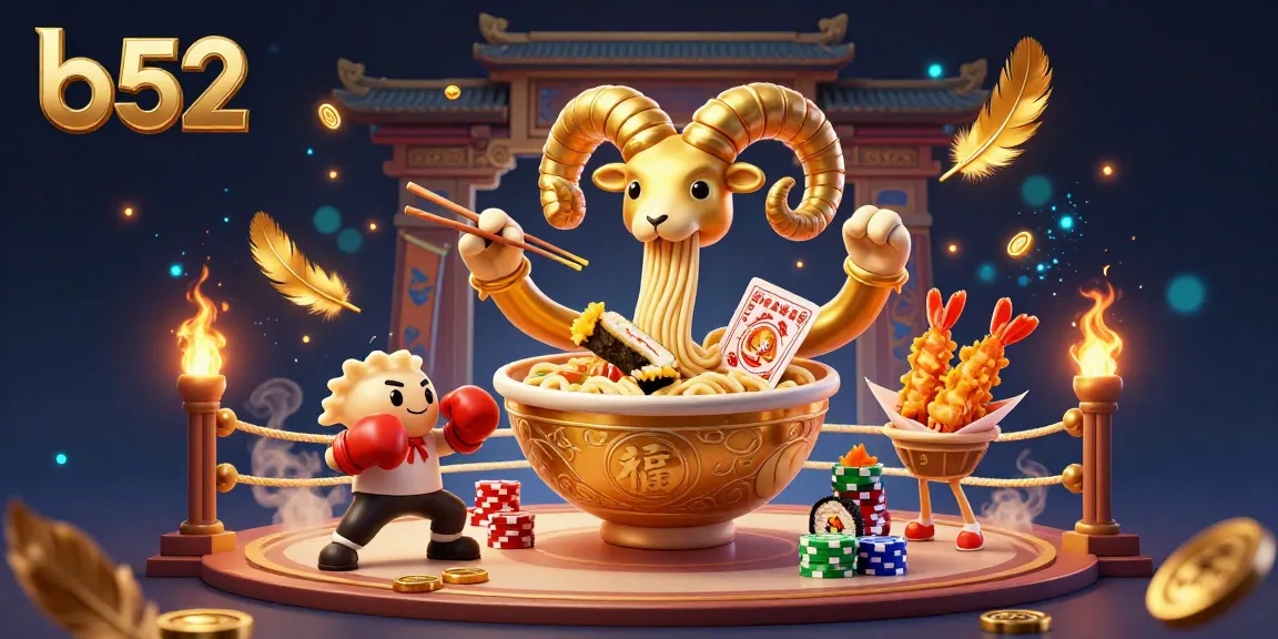 Experience the thrilling b52 casino world with a lively ramen bowl dealer amid vibrant gaming elements.