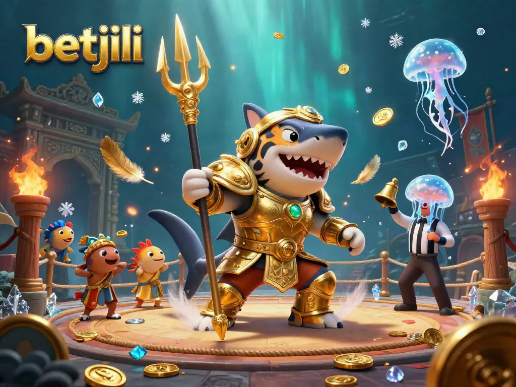Experience thrilling gameplay at betjili, with a vibrant underwater casino scene featuring a shark gladiator among cheering fish.