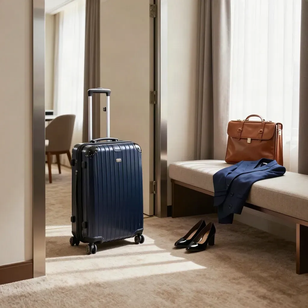 Walizka kabinowa, czółenka, marynarka i teczka przy hotelowym oknie.