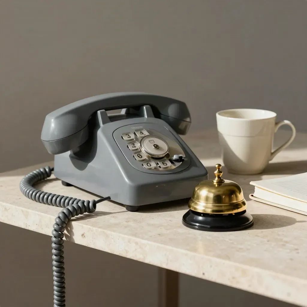 Telefon, mosiężny dzwonek, filiżanka i zamknięty notes na kamiennej półce.
