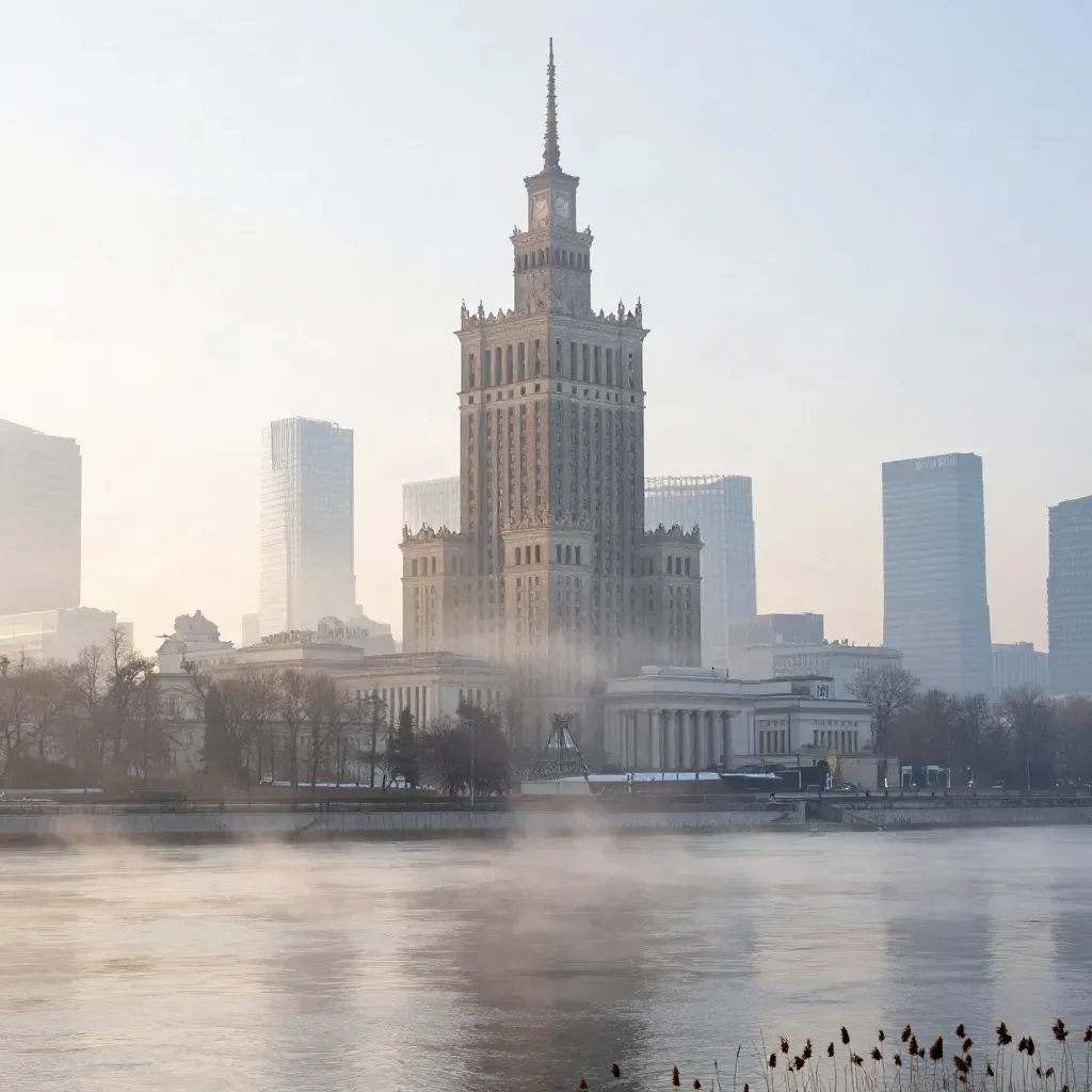 Warszawska panorama o świcie z Pałacem Kultury i mglistą Wisłą