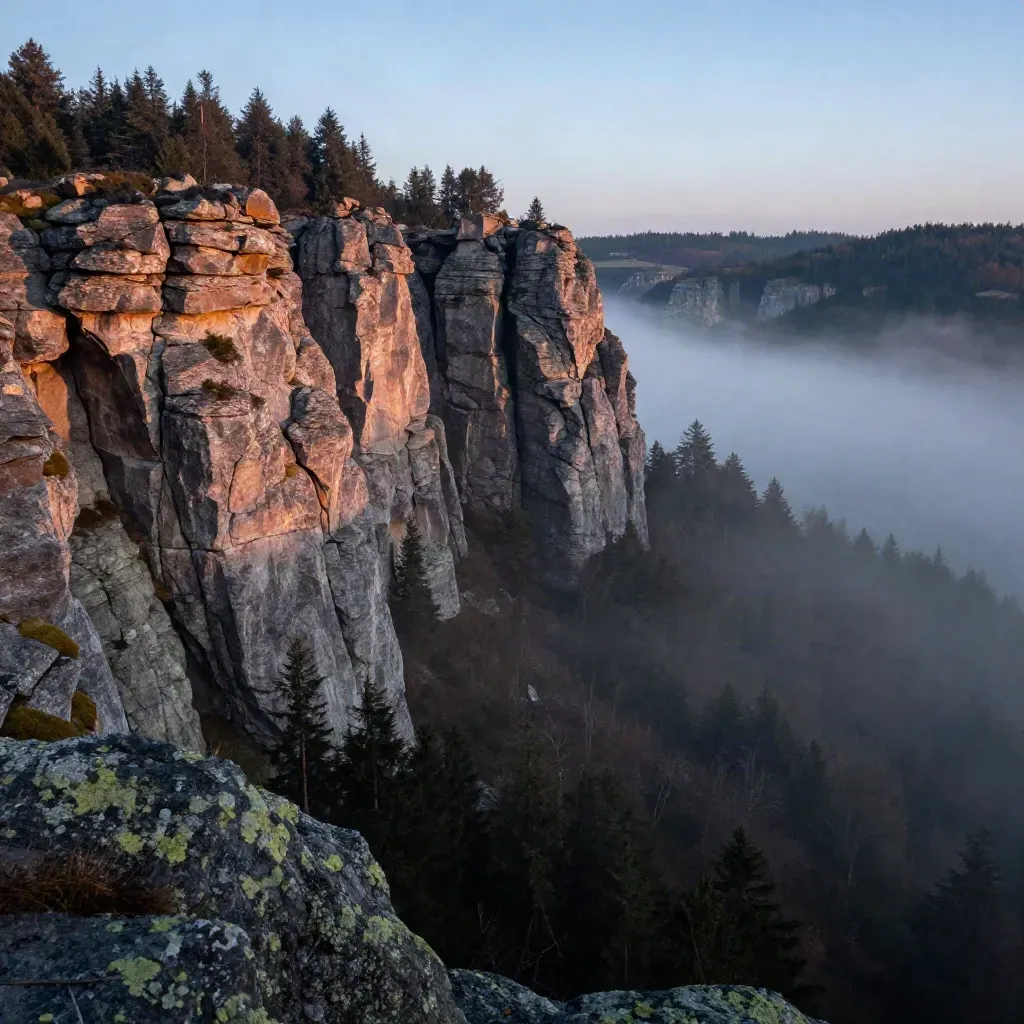 Mglista skalna panorama Dolnego Śląska z lasem i doliną pod copy