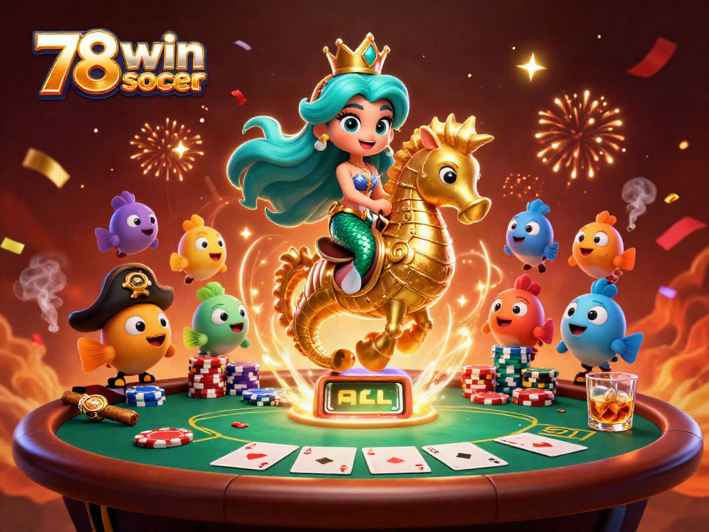 Engage with 78win soccer through this vibrant casino scene with a mermaid princess, seahorse, and poker elements.