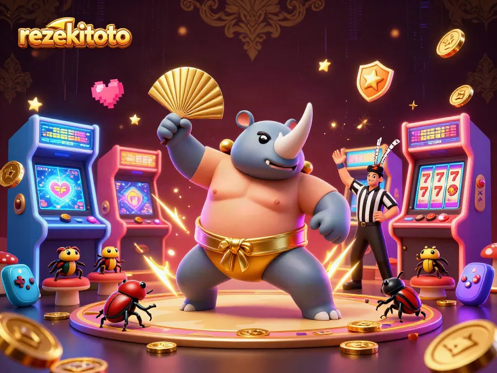 Experience the excitement of rezekitoto with a lively scene of a beetle champion amid colorful casino gaming elements.