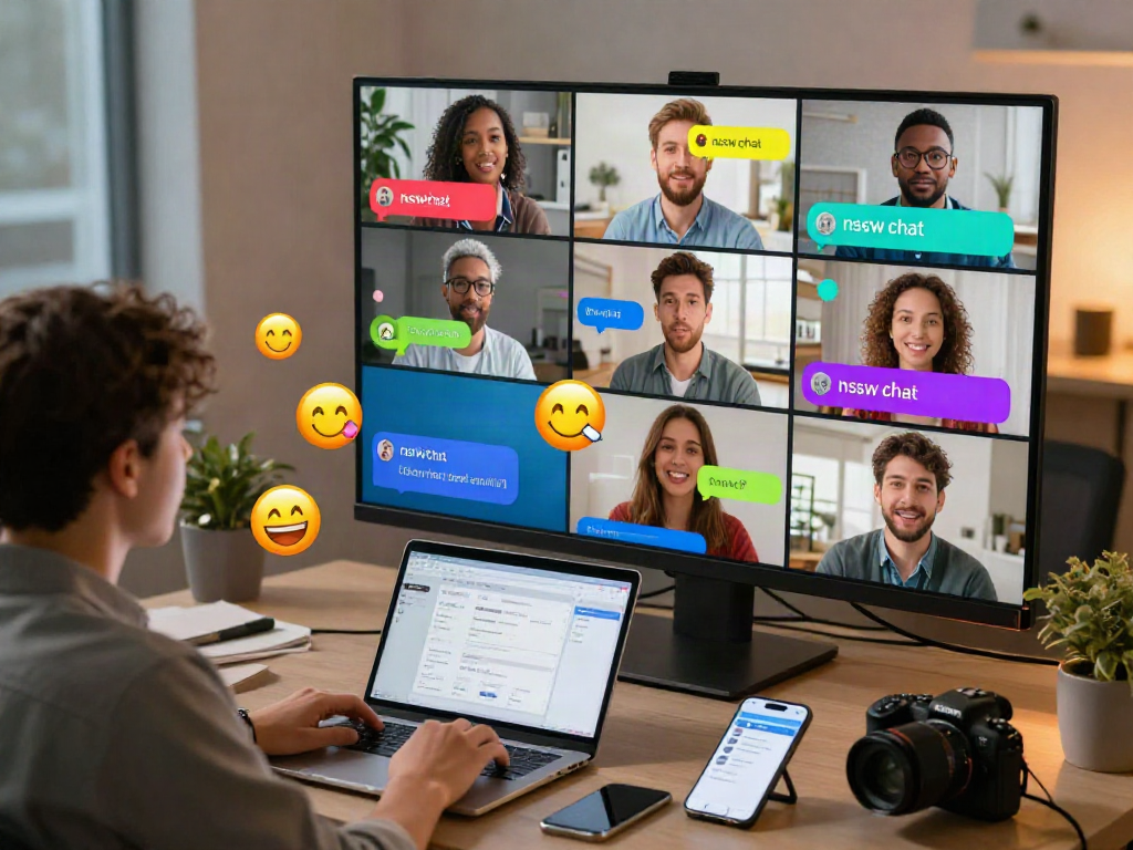 Vibrant digital workspace showcasing individuals chatting about nsfw chat, with colorful messages and emojis in a lively online environment.