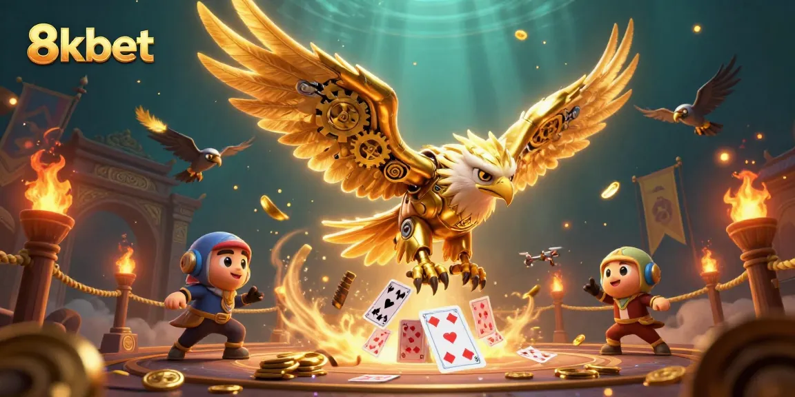 Experience the excitement of 8kbet with a dynamic digital illustration featuring a golden eagle and casino elements.