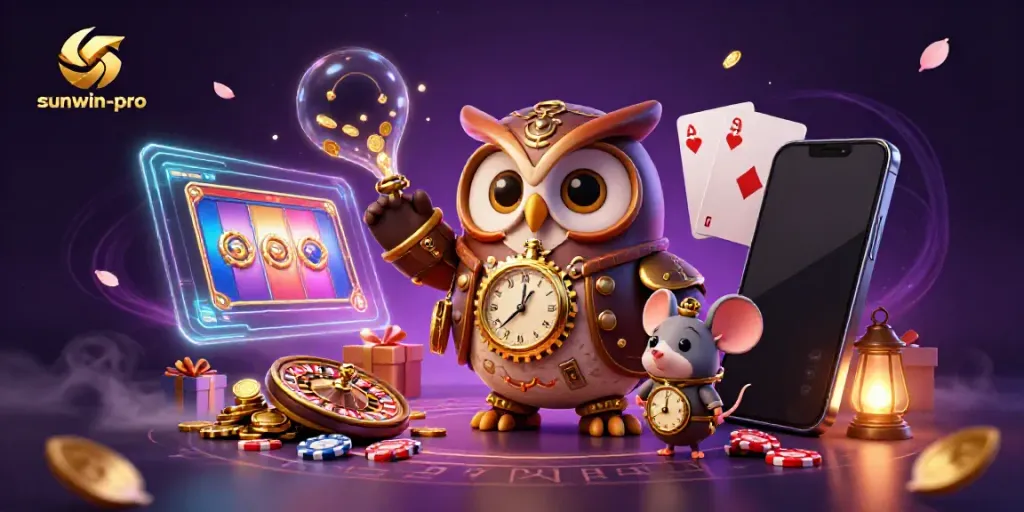Experience excitement with sunwin-pro in this colorful 3D casino illustration showcasing vibrant gaming elements and characters.
