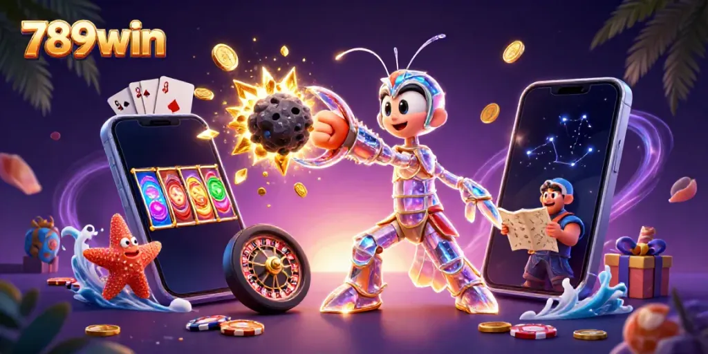 Engage with 789win's vibrant gambling universe in this dynamic 3D casino illustration.