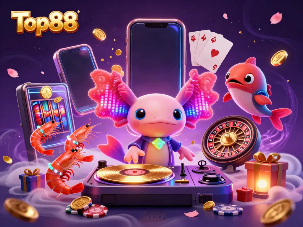 Experience vibrant gameplay with Top88's energetic illustration featuring a DJ axolotl and friends.