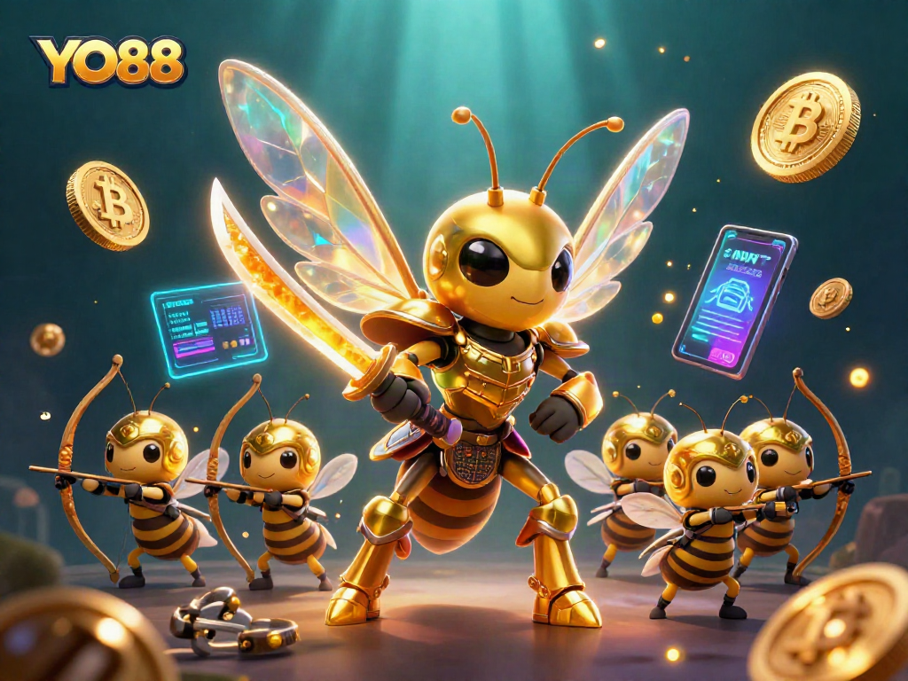 Engage in thrilling games at YO88 with vibrant cryptocurrency elements and dynamic 3D illustration.