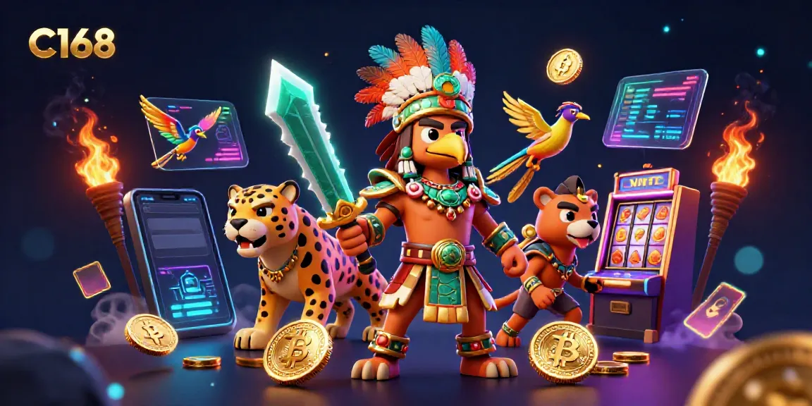 Create vibrant C168 casino moments with an Aztec warrior and crypto elements, showcasing dynamic gambling excitement.