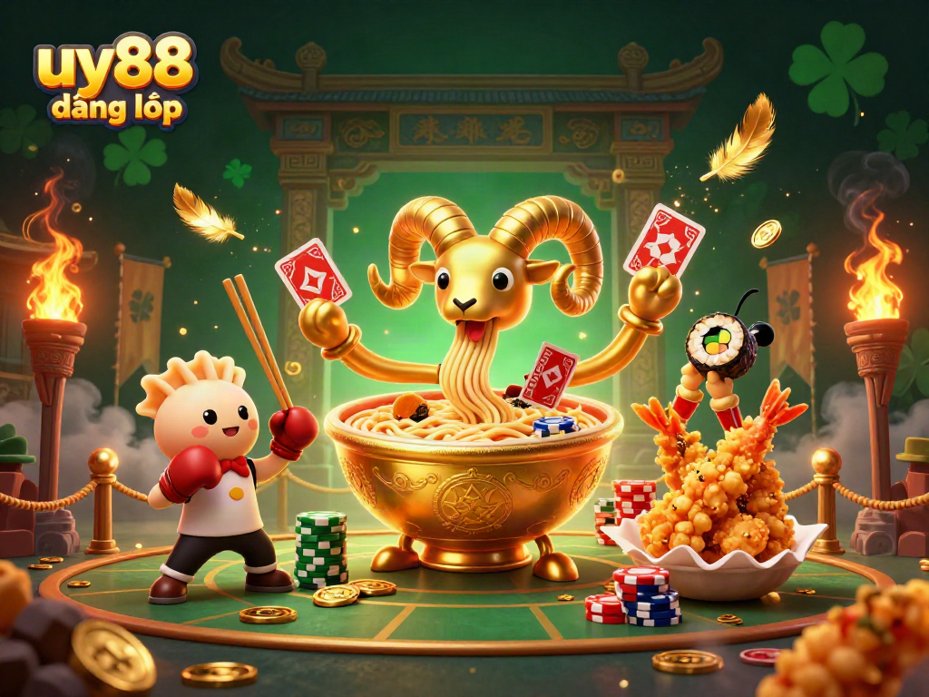Experience the vibrant world of uy88 đăng nhập with a golden ramen bowl character and colorful casino elements.