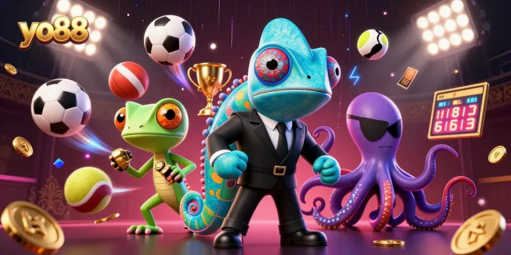 Experience exciting wins with yo88 in a vibrant 3D casino illustration featuring dynamic gaming elements.