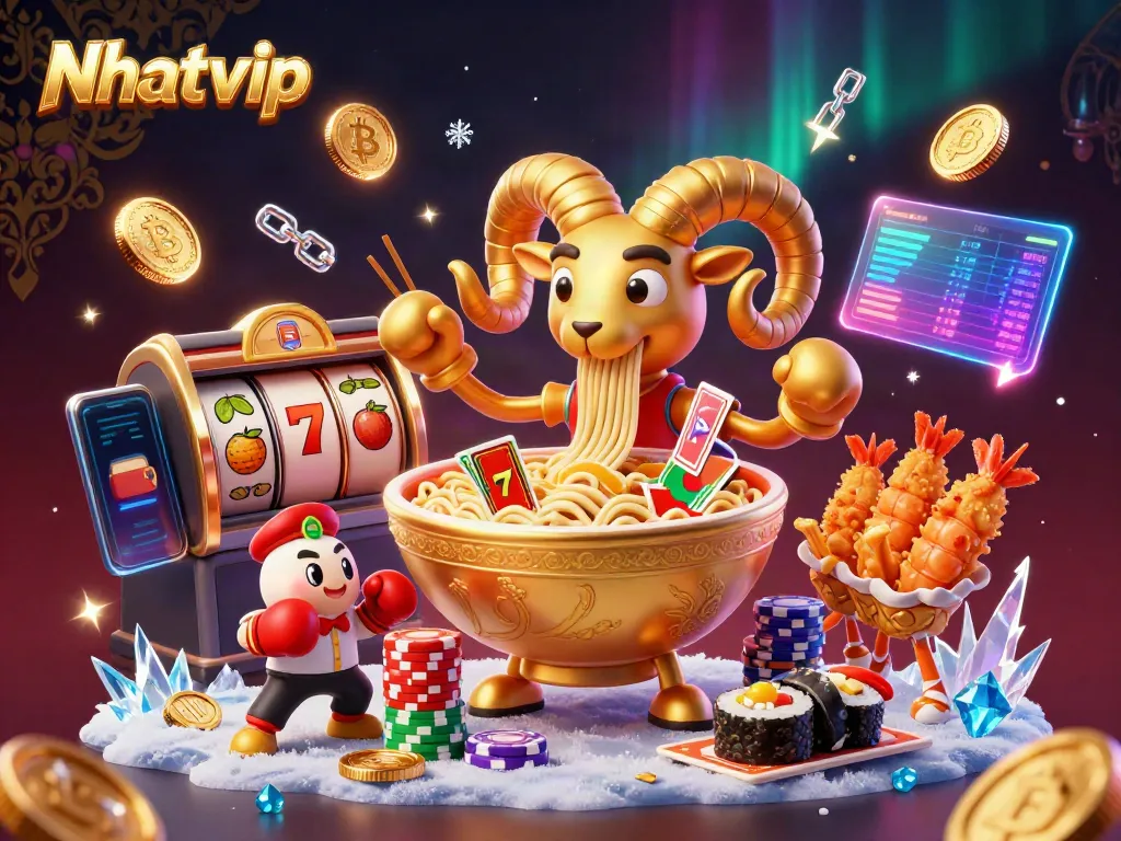 Nhatvip showcases a lively online casino scene with a golden ramen bowl dealer and vibrant game elements.