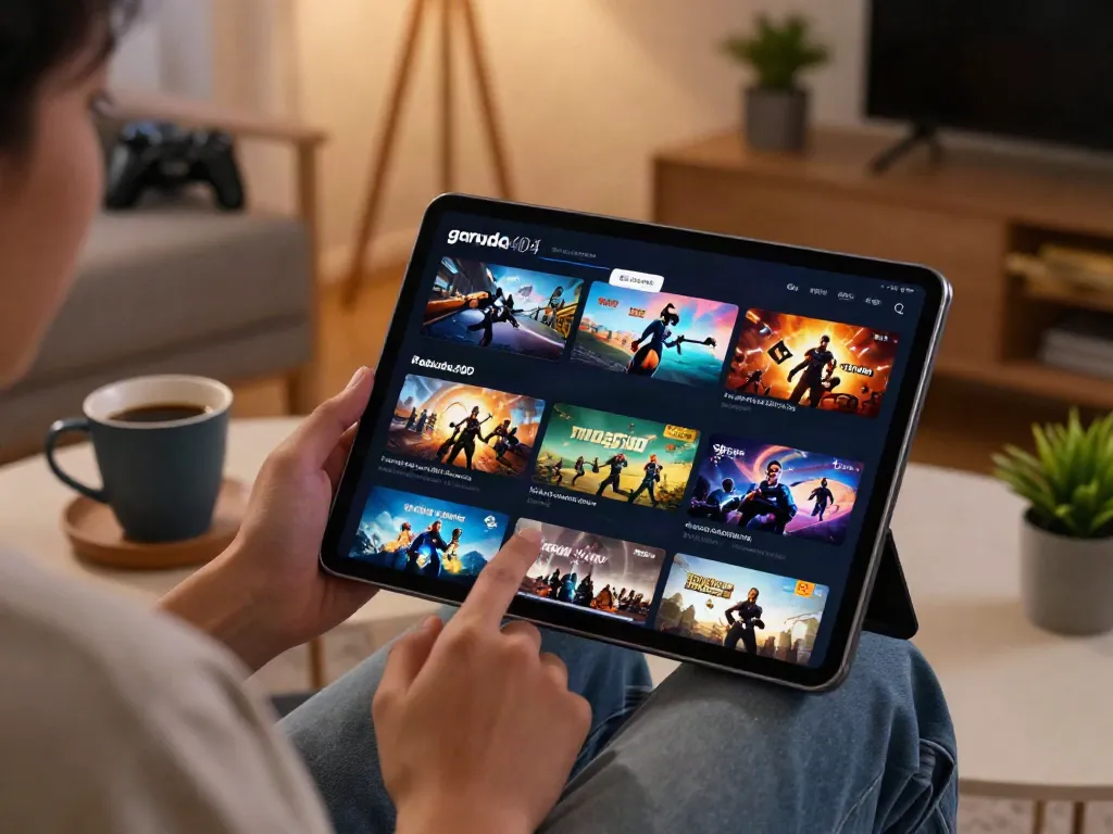 User enjoying garuda404 gaming experience on tablet in cozy living room