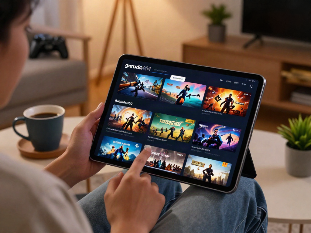 User enjoying garuda404 gaming experience on tablet in cozy living room