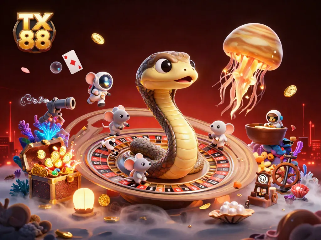 Engage with TX 88 in this dynamic cosmic roulette scene featuring astronaut mice betting among shimmering jewels.