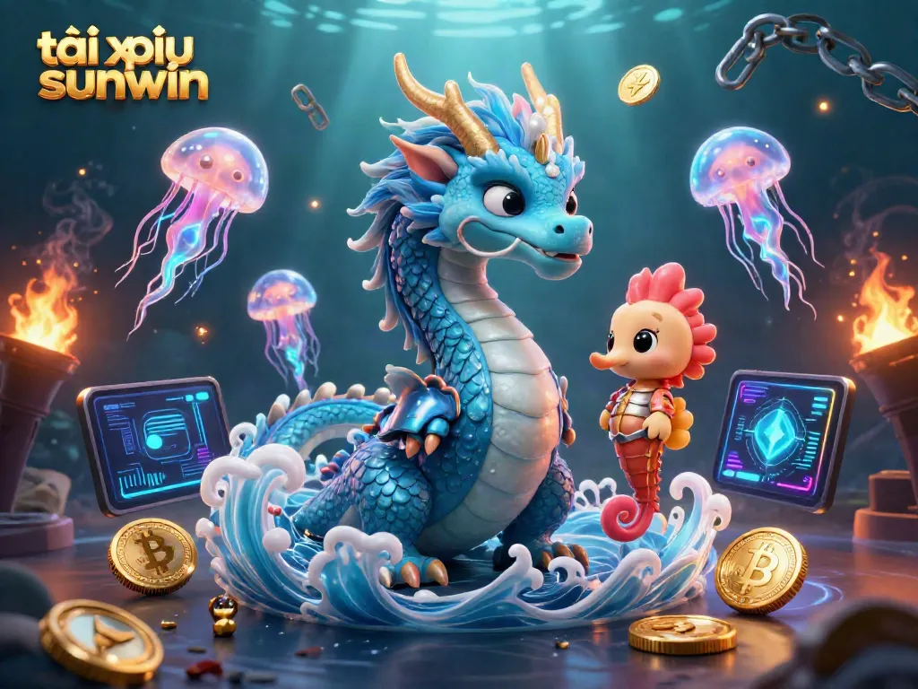 Play tài xỉu sunwin with colorful underwater creatures and glowing crypto elements in a dynamic scene.