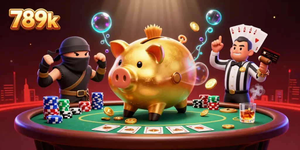 Engage in thrilling gameplay at 789k with a vibrant casino scene featuring lively characters.