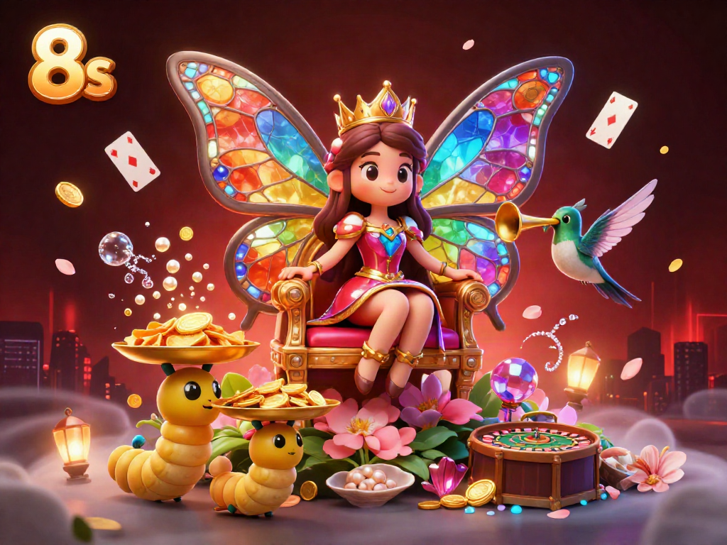 Experience thrilling wins with 8s at the vibrant casino realm featuring a butterfly queen and golden chip trays.