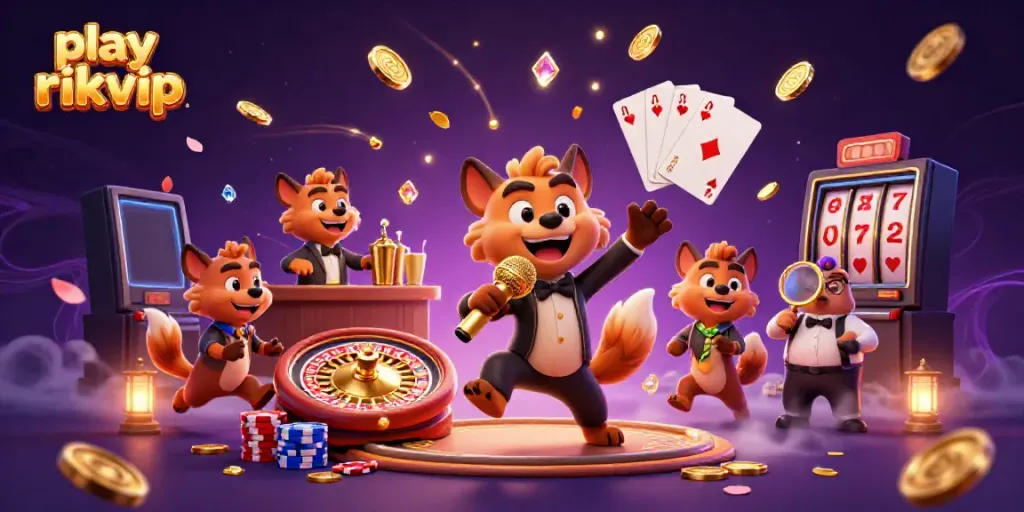 Engage in thrilling entertainment as you play rikvip at this dynamic casino scene showcasing hyena characters.