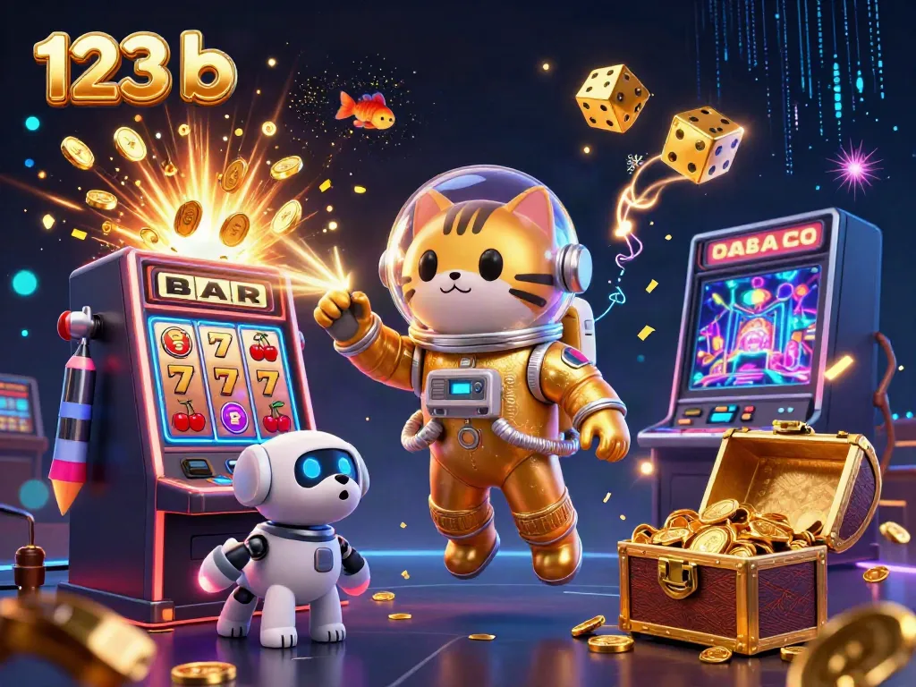 Experience thrilling 123 b casino gaming with a 3D astronaut cat, jackpot, and vibrant symbols.