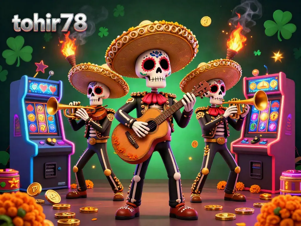 Engage with tohir78's vibrant Day of the Dead casino scene featuring mariachi characters, slot machines, and dynamic gaming elements.