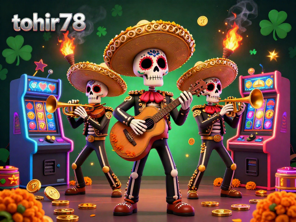 Engage with tohir78's vibrant Day of the Dead casino scene featuring mariachi characters, slot machines, and dynamic gaming elements.