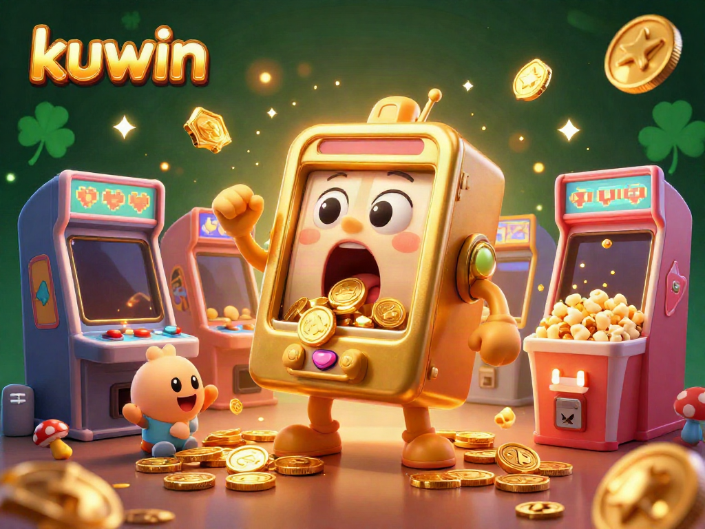 Kuwin slot machine celebrating a jackpot with gold coins bursting out in a vibrant casino scene.