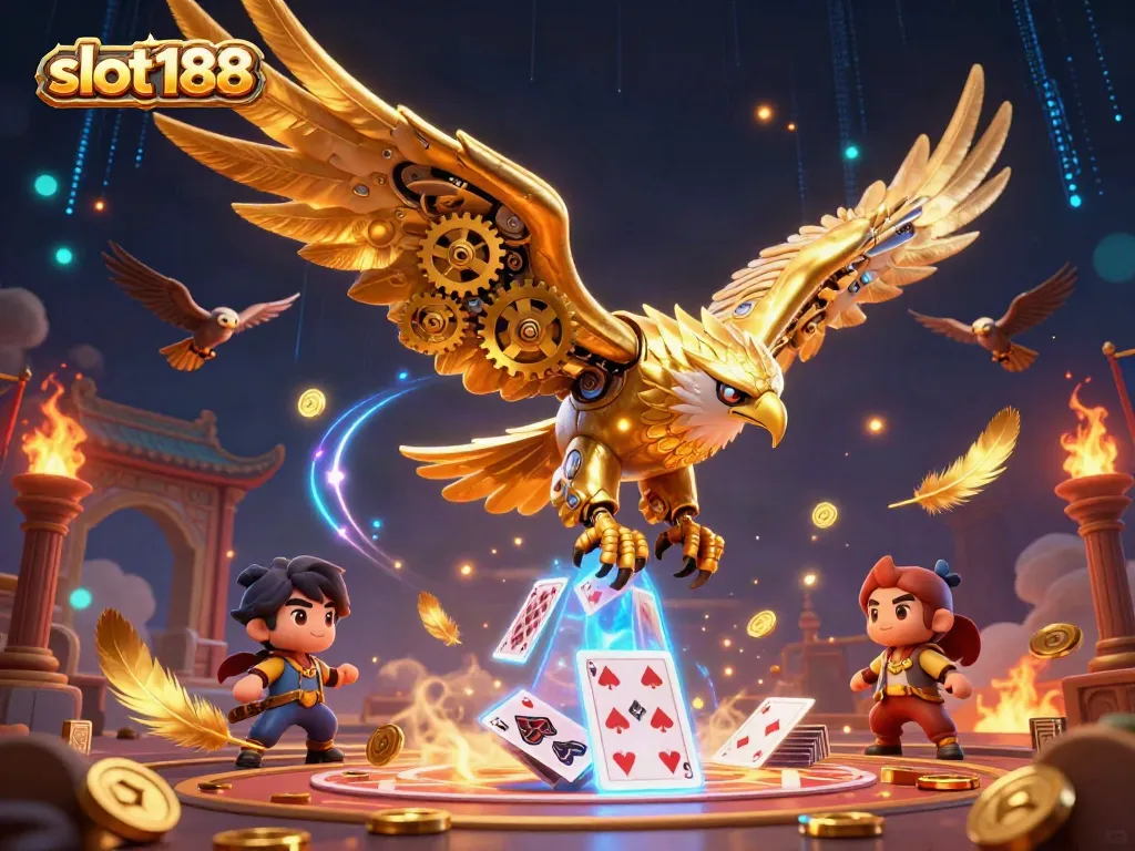 Slot188 menghadirkan ilustrasi 3D slot dengan elang emas cybernetic terbang melewati kartu bermain holografis.