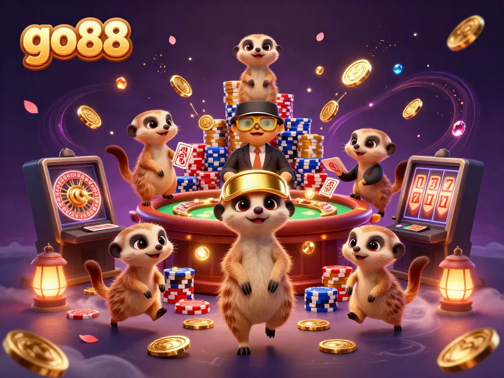 Experience dynamic gaming with go88 as meerkats run a playful casino scene with vibrant casino elements.