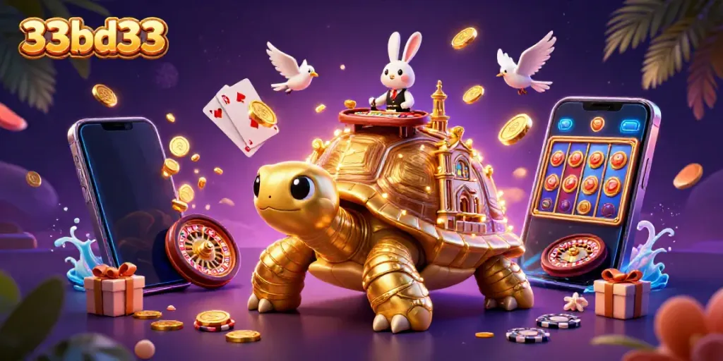 Experience thrilling gaming action with 33bd33's lively 3D casino scene featuring vibrant elements.