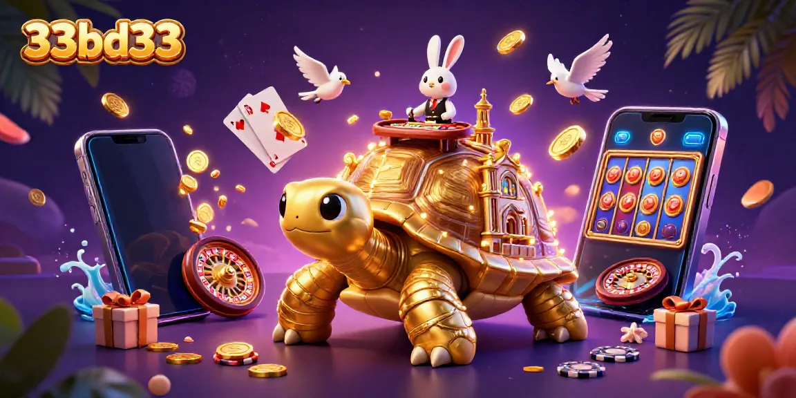 Experience thrilling gaming action with 33bd33's lively 3D casino scene featuring vibrant elements.
