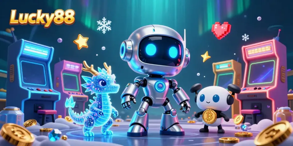 Experience the excitement at Lucky88 with this vibrant, dynamic 3D casino illustration featuring futuristic characters and colorful game elements.