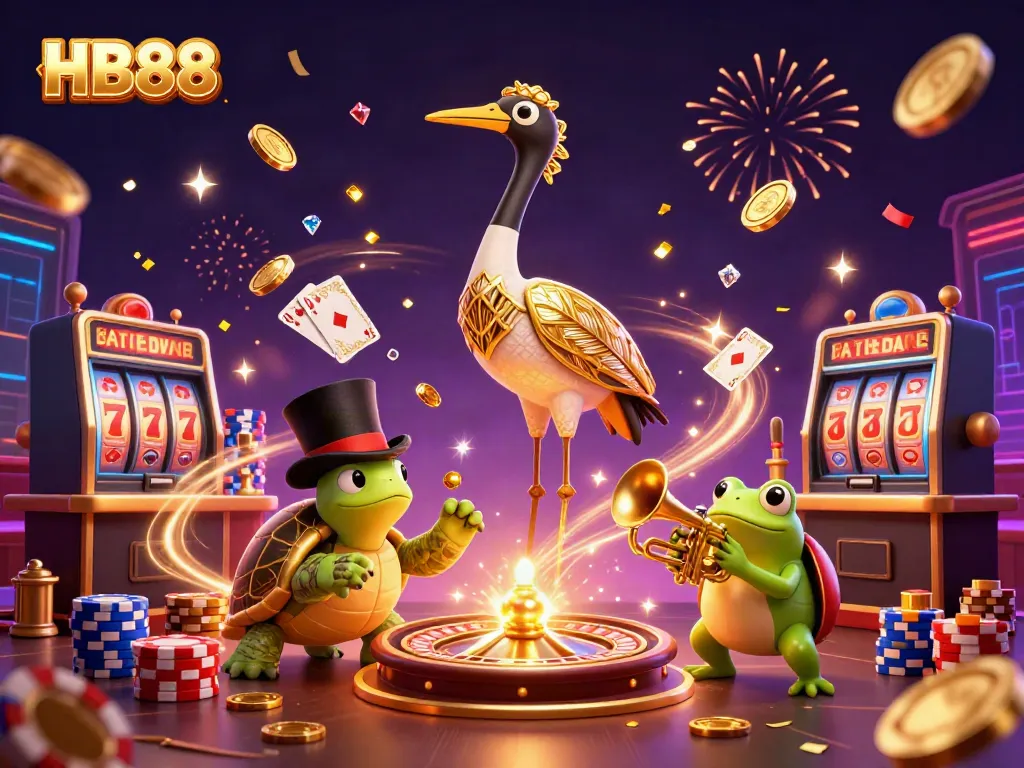 Experience the excitement of gaming at HB88 with a vibrant 3D illustration featuring casino elements and charming characters.