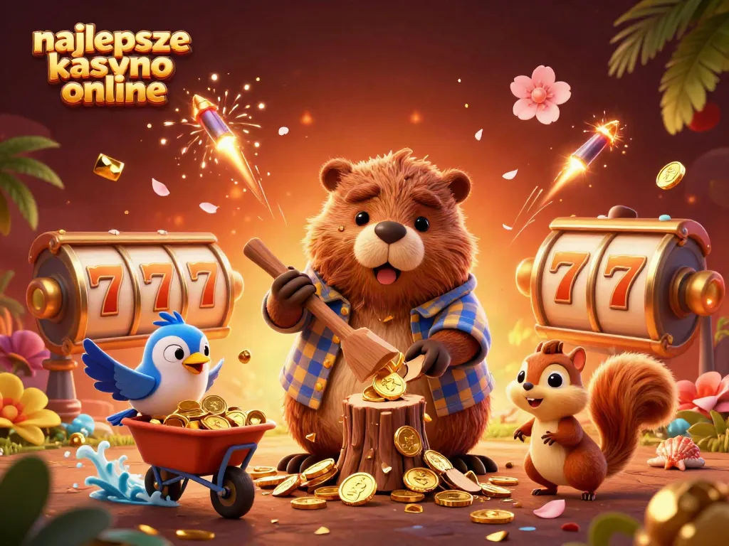 Engaging scene showcasing the najlepsze kasyno online with a friendly beaver, bird, and squirrel celebrating golden wins amidst dynamic casino elements.
