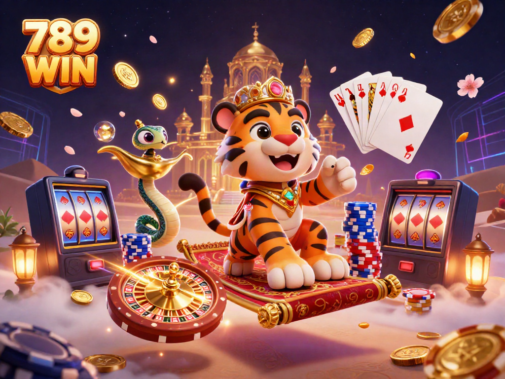 Experience the magic of 789 WIN with a vibrant tiger sultan on a carpet of chips in this dynamic casino scene.