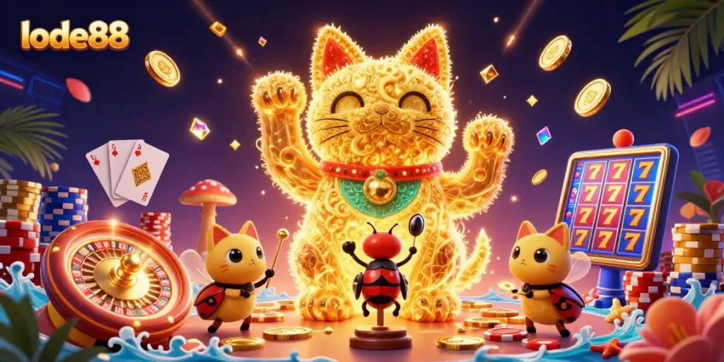 Lode88 offers a vibrant 3D illustration with a magical lucky cat and casino symbols showcasing exciting wins.