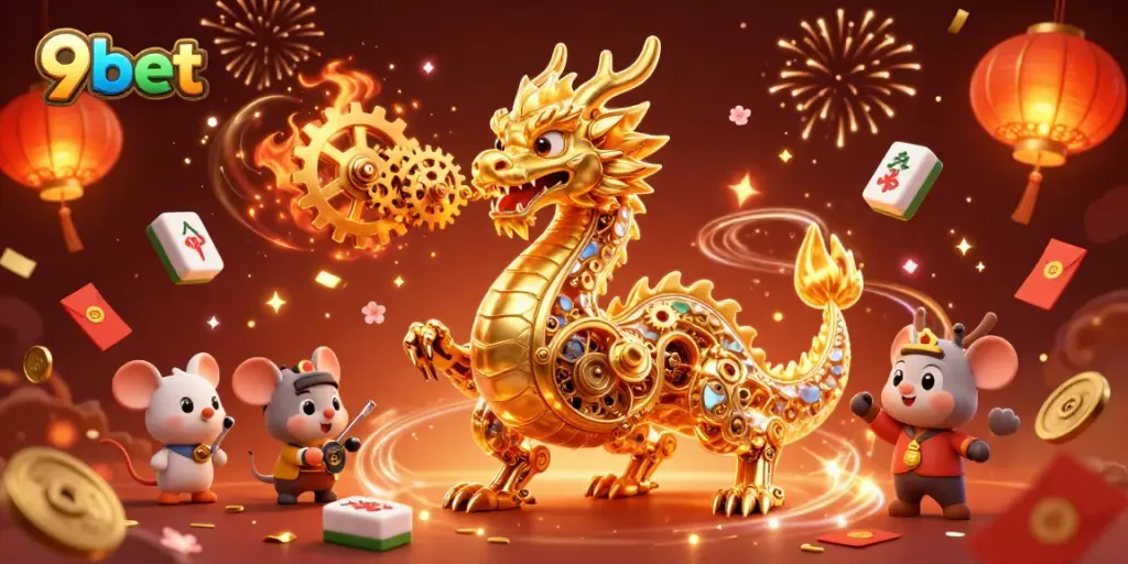 Experience the captivating adventure of 9bet with a golden dragon amidst vibrant casino elements.