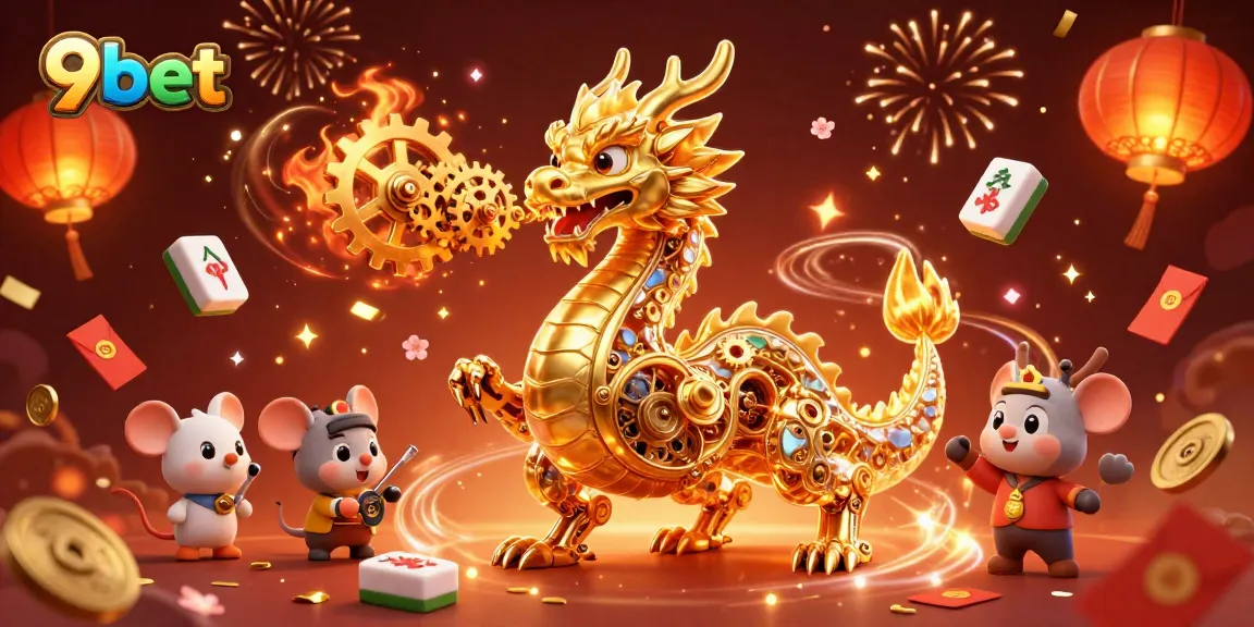 Experience the captivating adventure of 9bet with a golden dragon amidst vibrant casino elements.