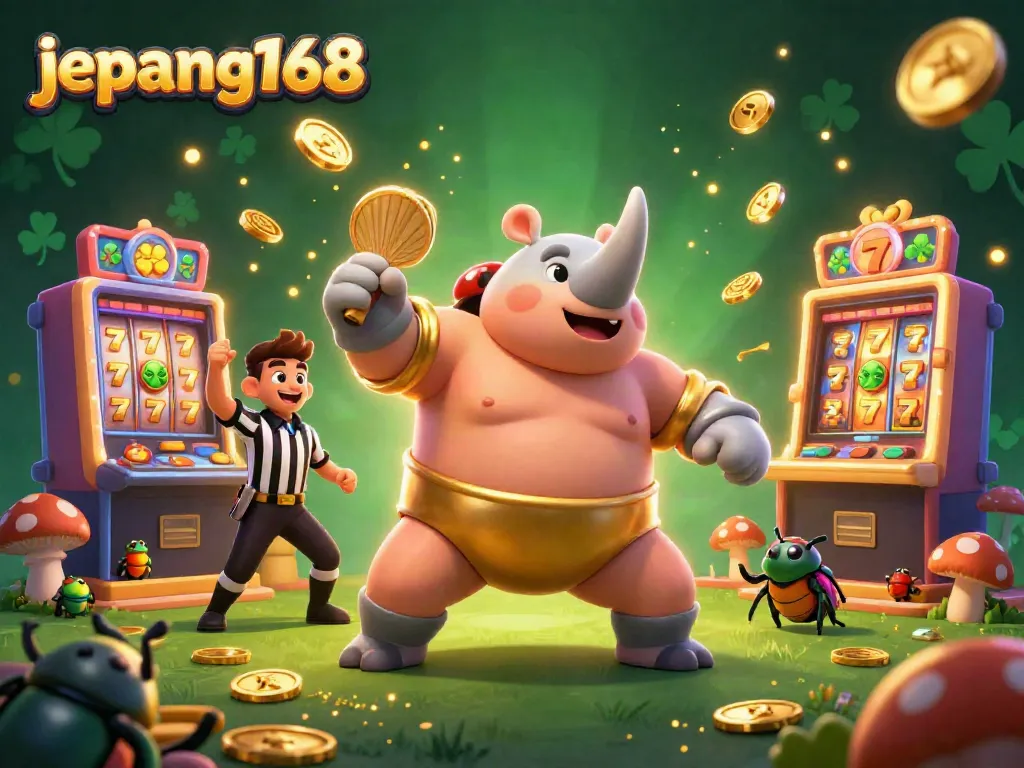 Experience the thrill of gaming with jepang168, featuring a sumo beetle champion amidst flying coins and dynamic slot machines.