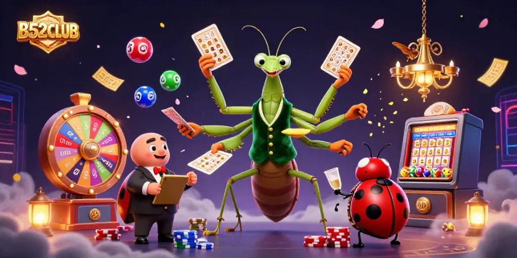Engage with thrilling games at B52CLUB, surrounded by vibrant casino elements and characters.
