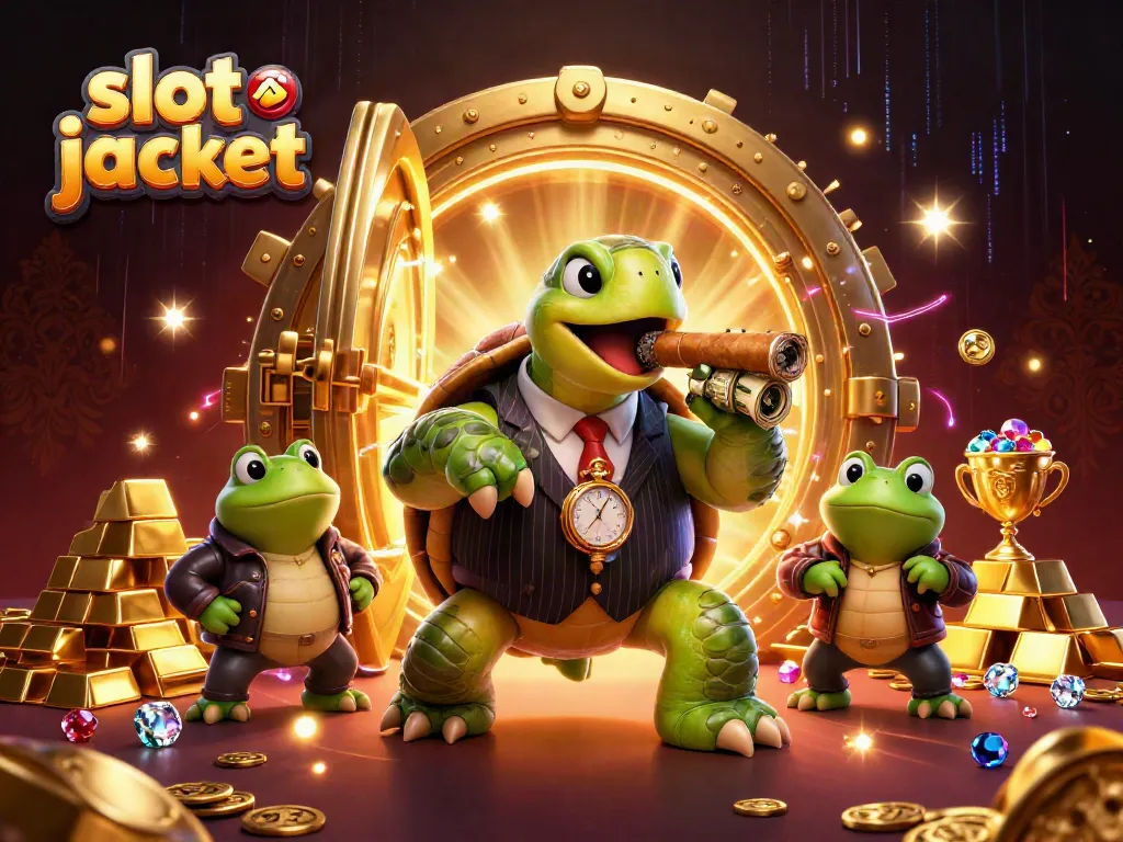 Experience a thrilling slot jackpot scene with a snapping turtle mobster and bullfrog enforcers surrounded by treasure.