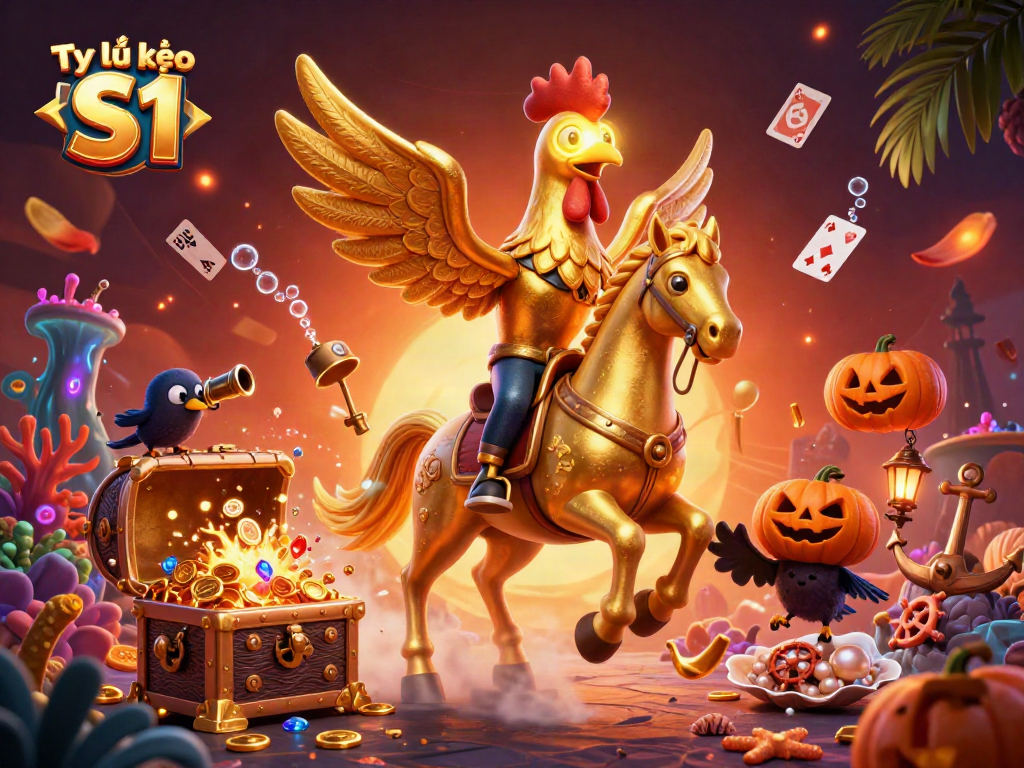 Engaging visual of Tỷ lệ kèo S1 showcasing a golden rooster on a spectral horse amidst a vibrant casino scene.