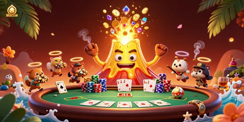 B52CLUB showcases a vibrant casino scene with a golden volcano erupting coins and treasure.