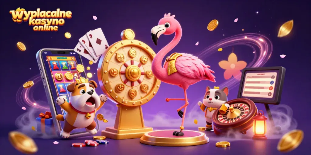 Engaging scene of wypłacalne kasyno online with game show host flamingo, bulldog contestant, and prize wheel