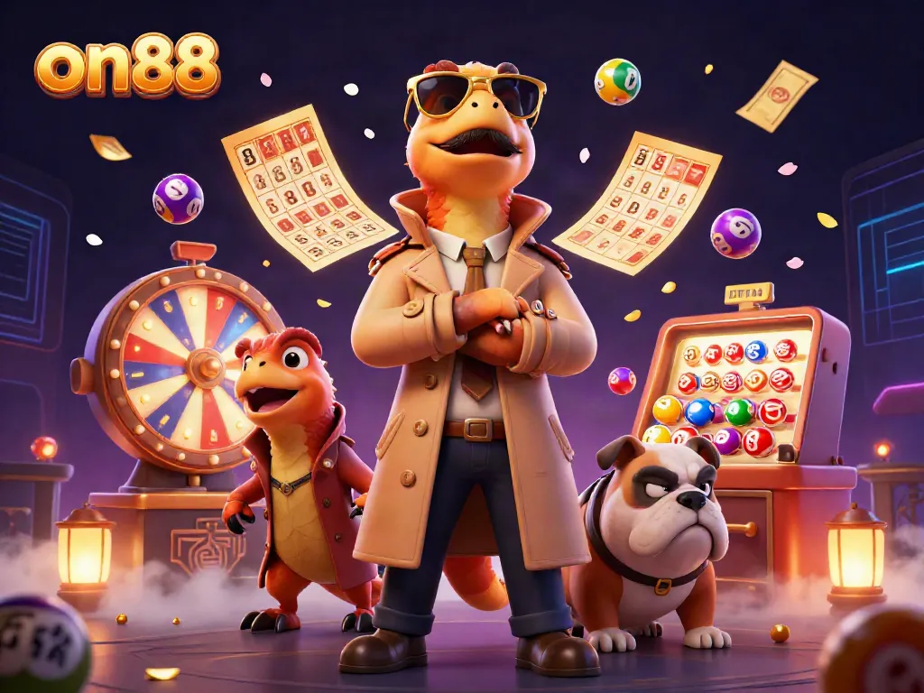 Experience high-stakes gambling humor with on88 cartoon raptors in a trench coat at a casino gateway.